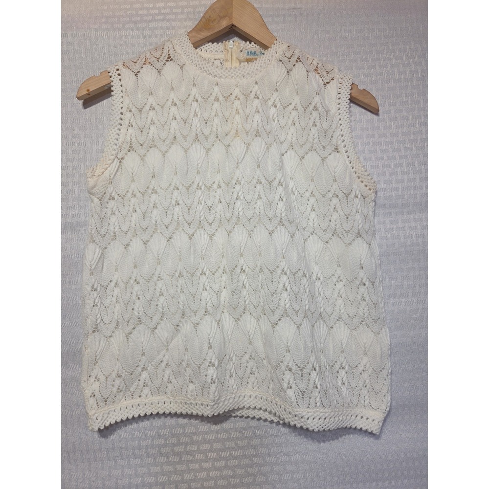 Vintage 60s 70s Crochet Knit 2 Pc Set Cardigan & Shell Top White Japan Acrylic